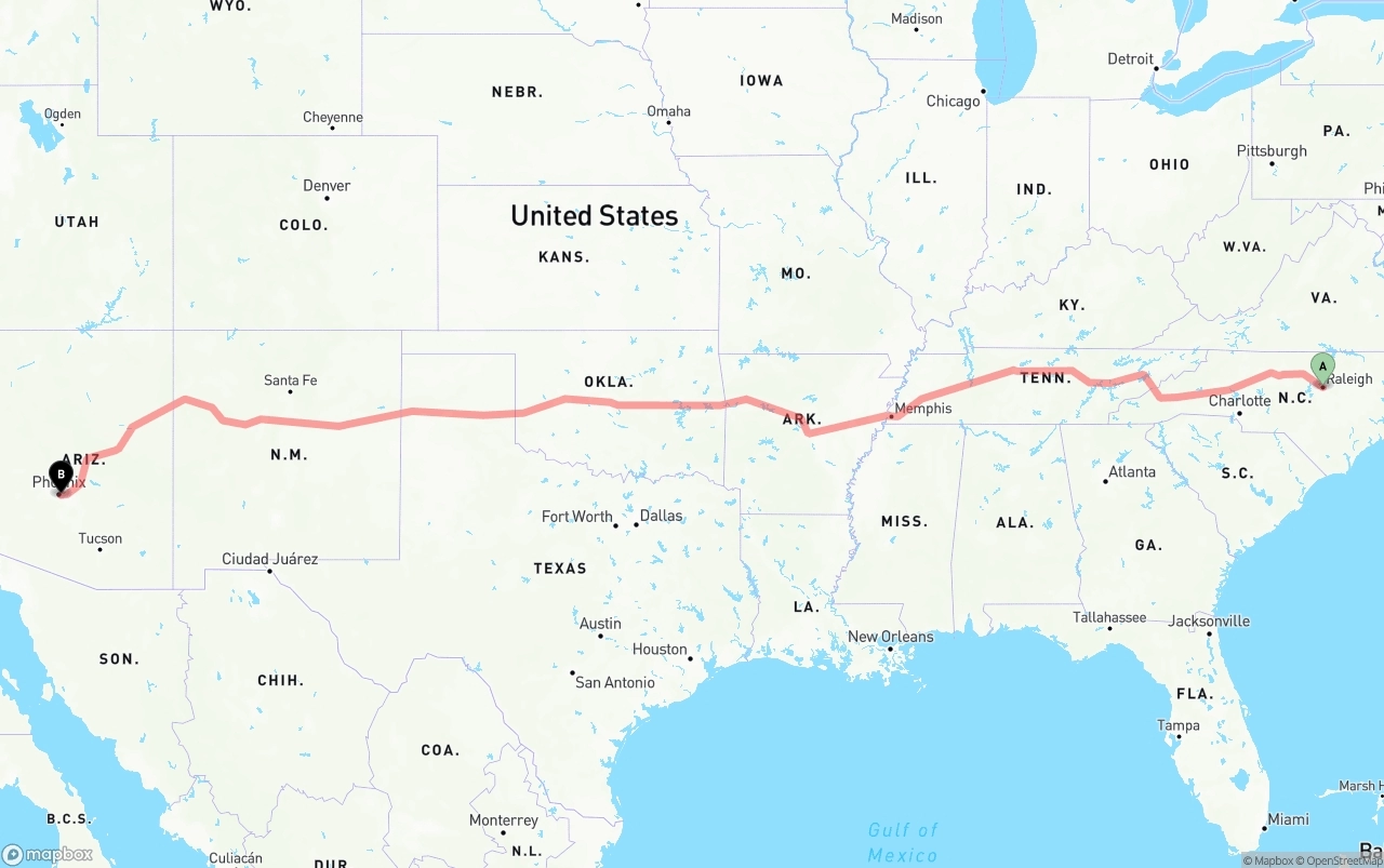 Shipping route from Raleigh to Phoenix Sky Harbor International Airport