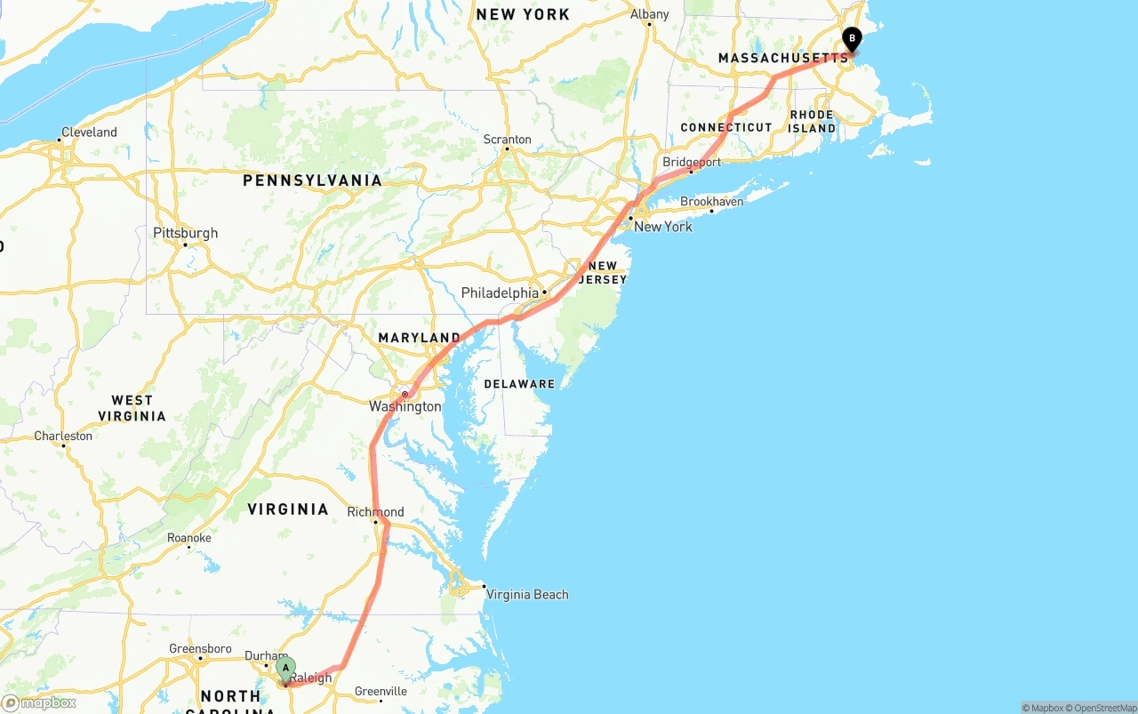 Shipping route from Raleigh to Port of Boston