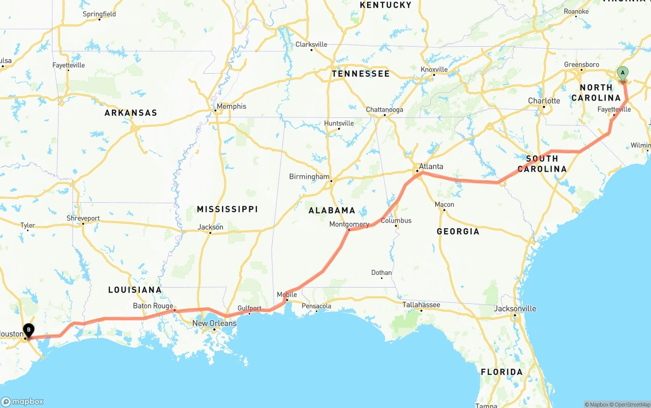 Shipping route from Raleigh to Port of Houston