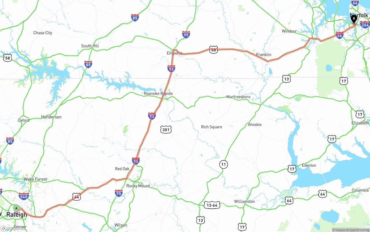 Shipping route from Raleigh to Port of Norfolk