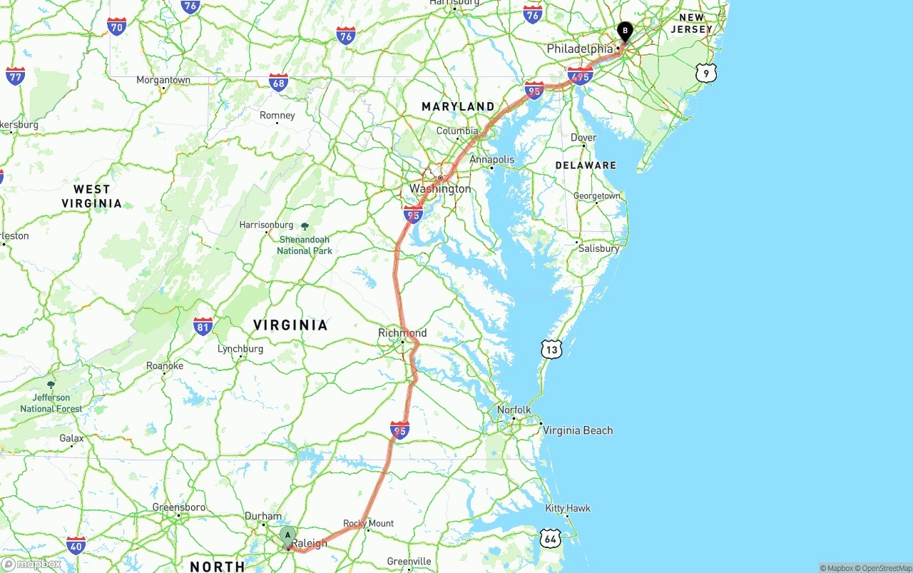 Shipping route from Raleigh to Port of Philadelphia