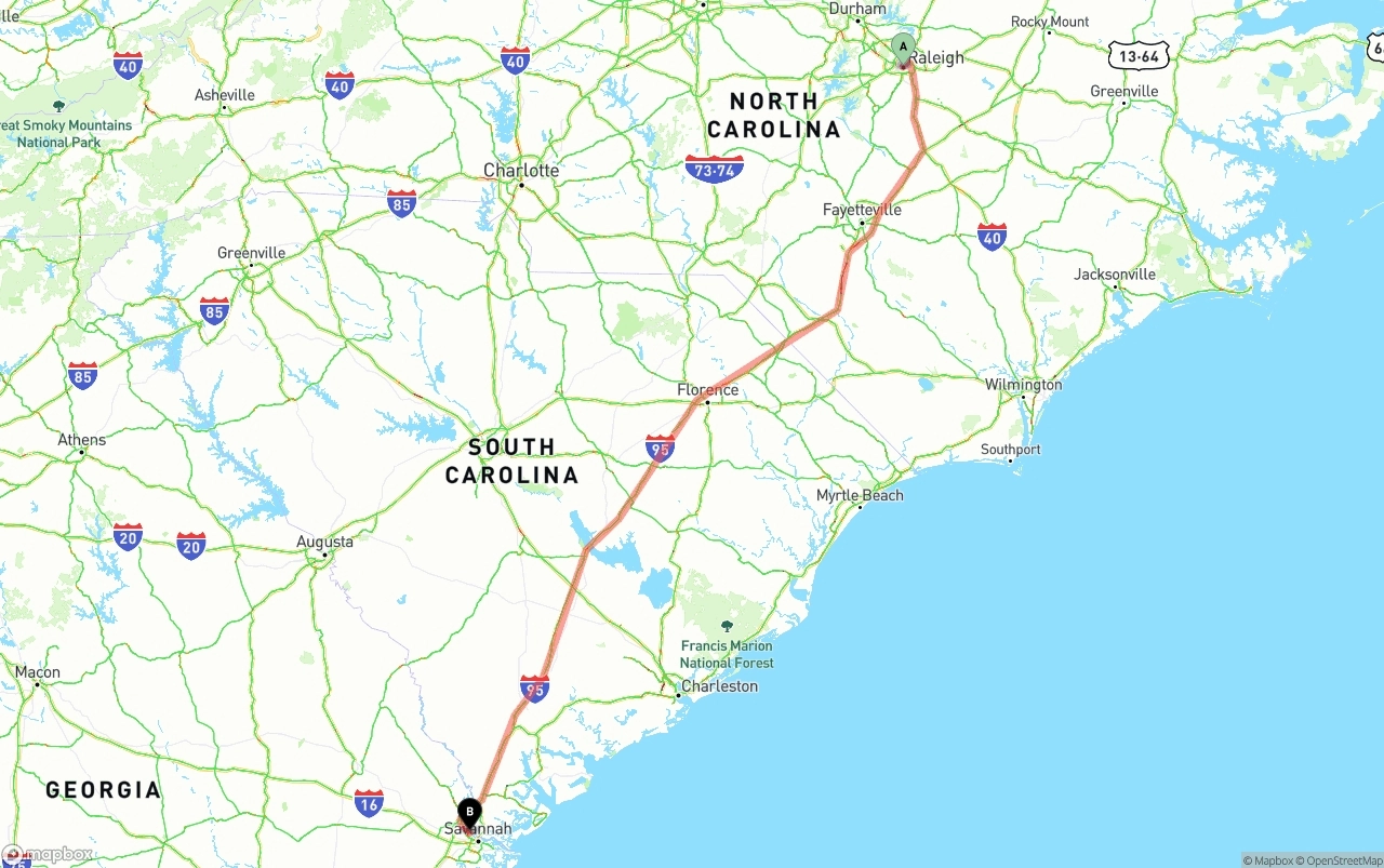 Shipping route from Raleigh to Port of Savannah