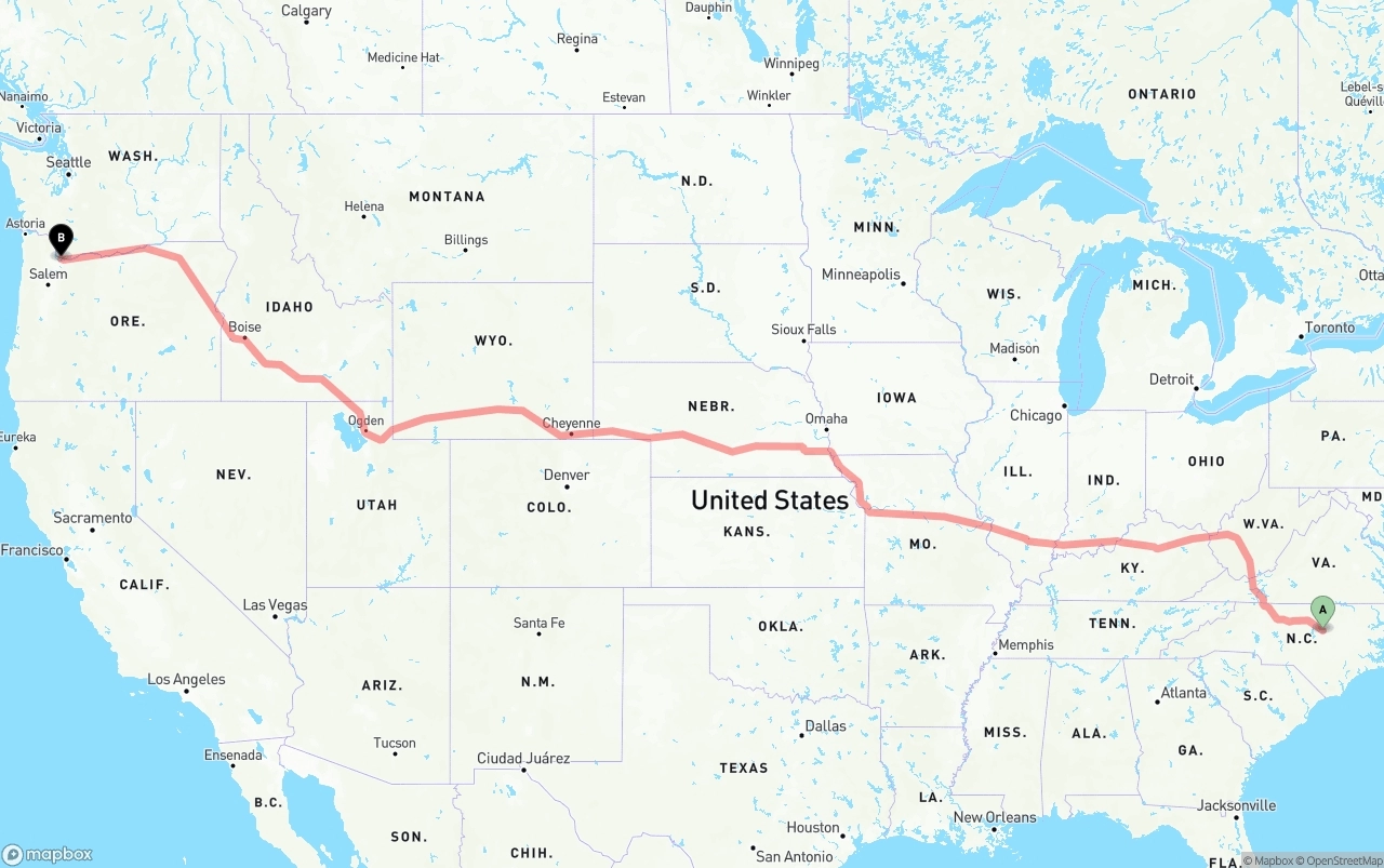 Shipping route from Raleigh to Portland International Airport