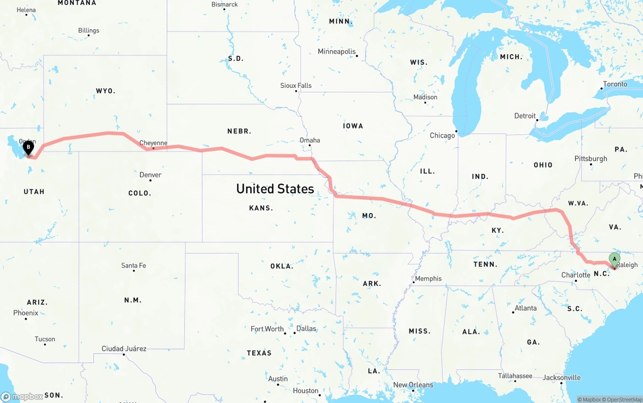 Shipping route from Raleigh to Salt Lake City