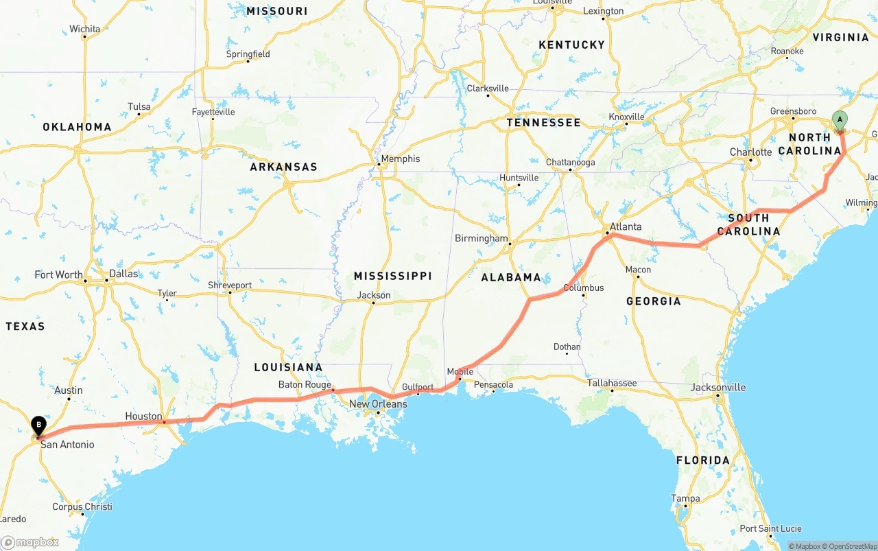 Shipping route from Raleigh to San Antonio