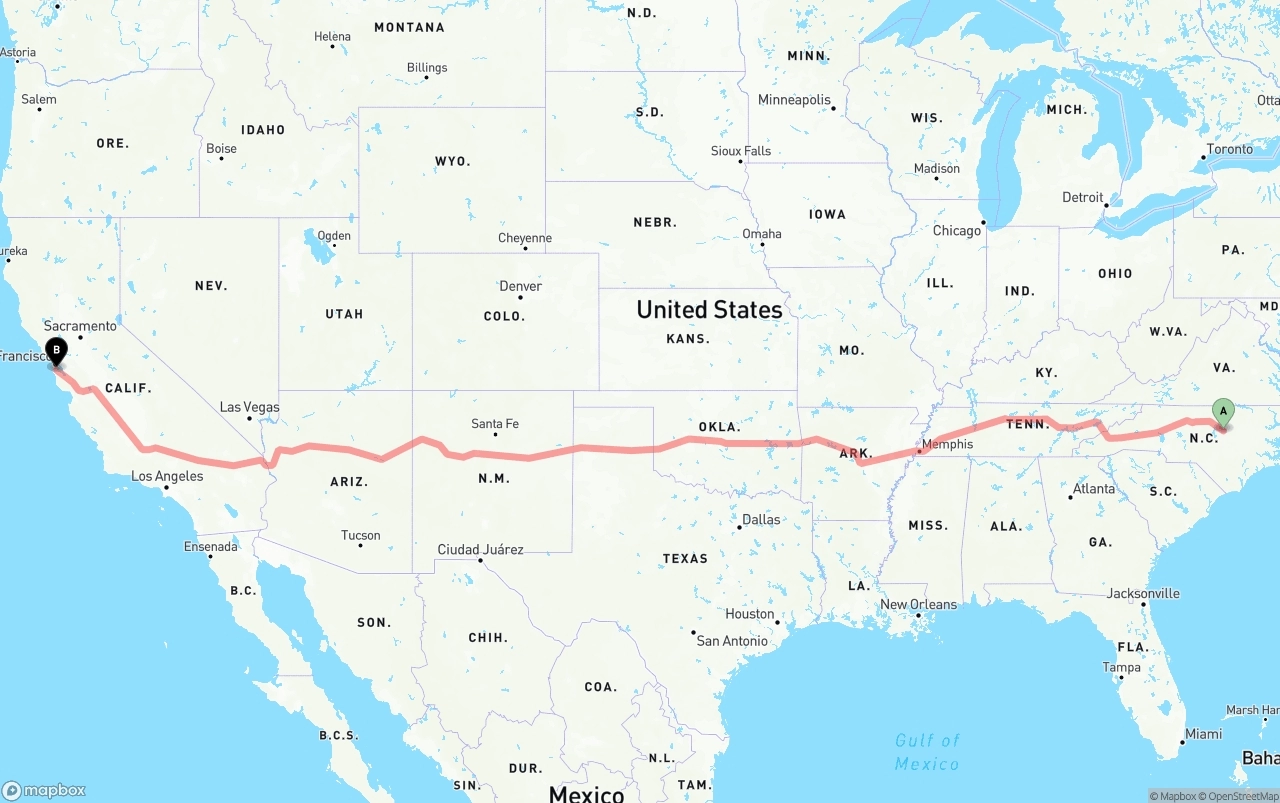 Shipping route from Raleigh to San Francisco International Airport