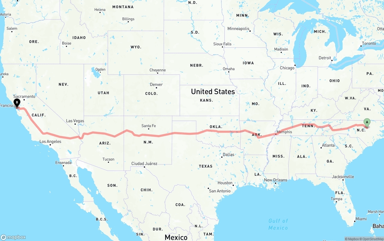 Shipping route from Raleigh to San Francisco