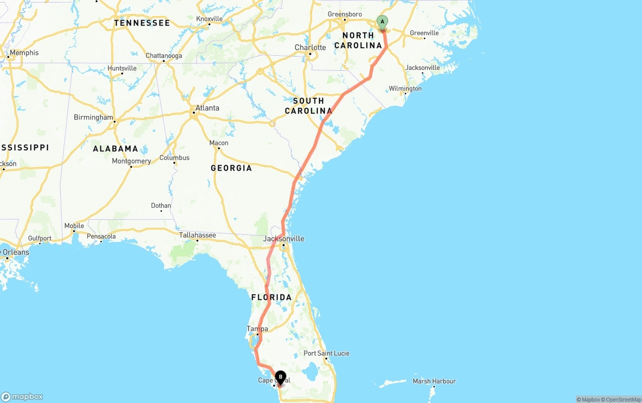Shipping route from Raleigh to Southwest Florida International Airport
