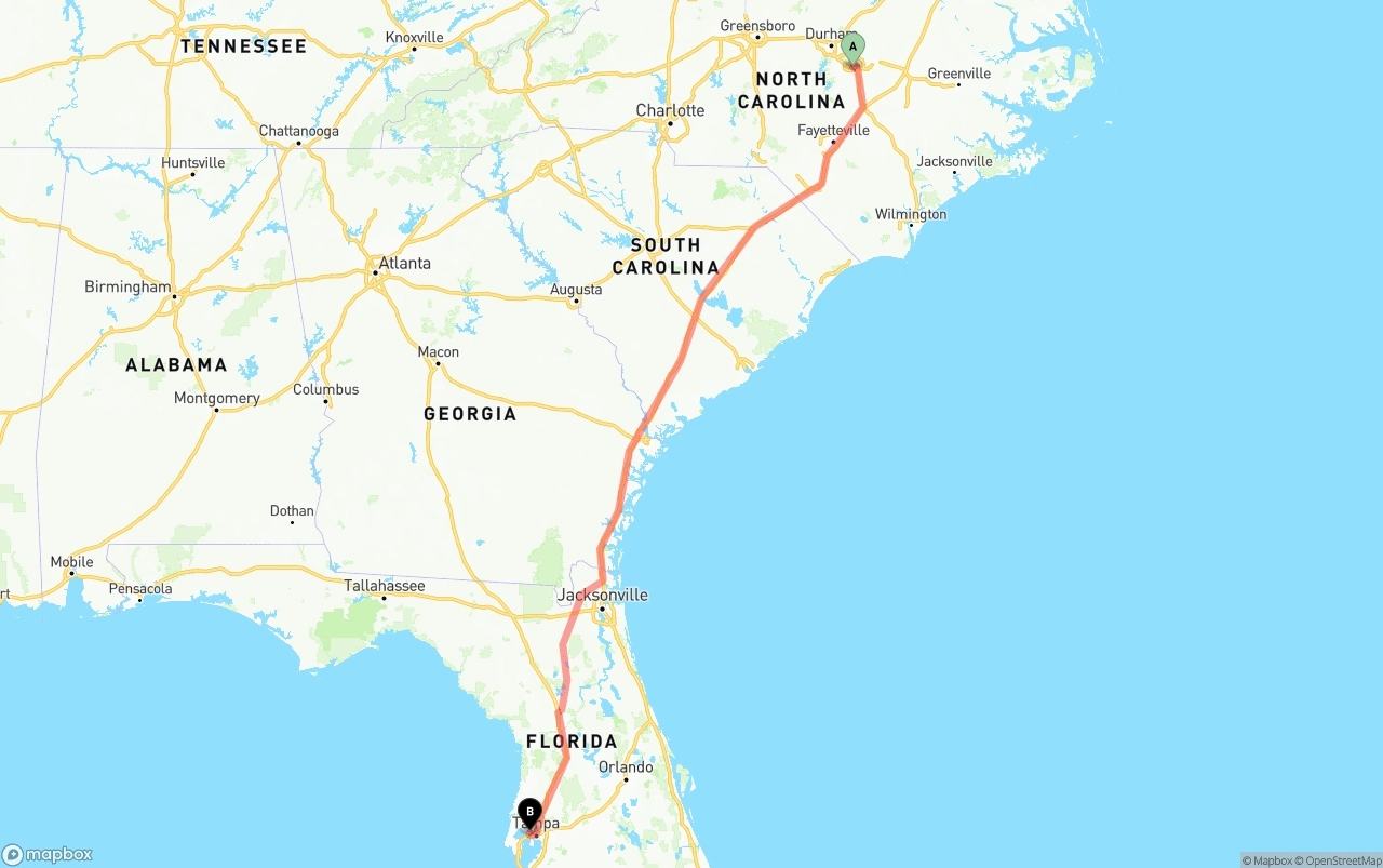 Shipping route from Raleigh to Tampa International Airport