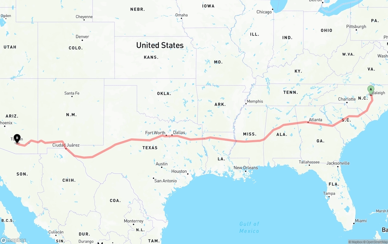 Shipping route from Raleigh to Tucson International Airport