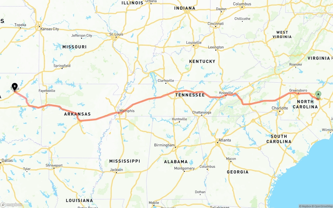 Shipping route from Raleigh to Tulsa