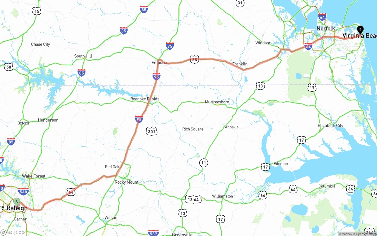 Shipping route from Raleigh to Virginia Beach