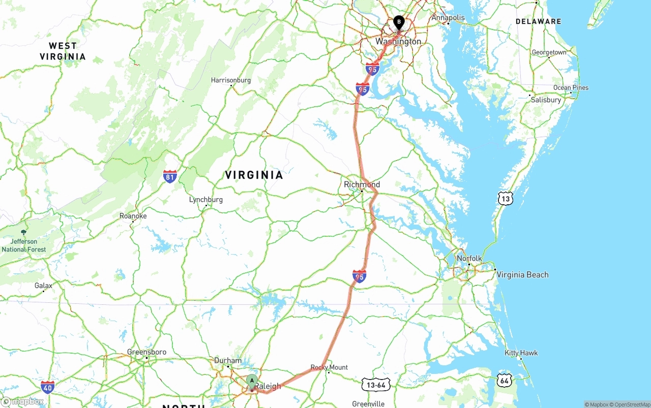 Shipping route from Raleigh to Washington D.C.