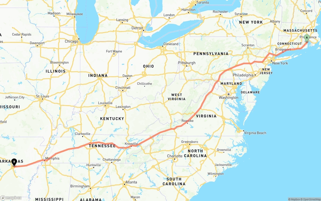 Shipping route from Rhode Island to Arkansas