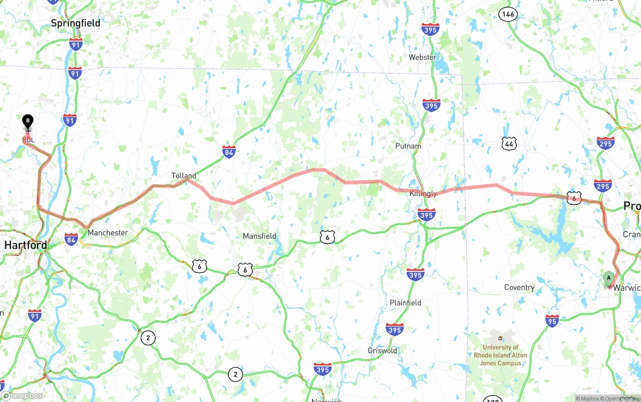 Shipping route from Rhode Island to Bradley International Airport