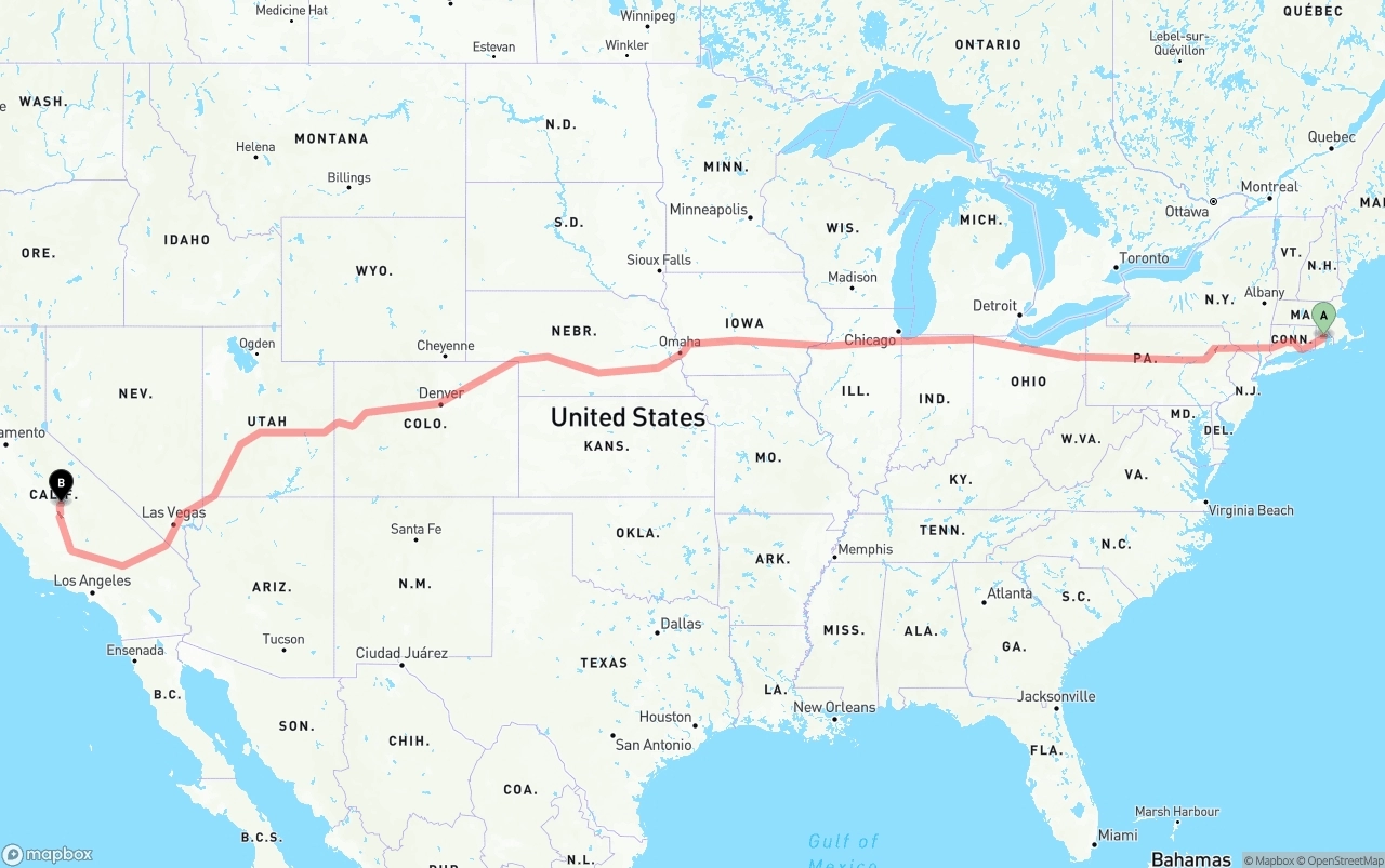 Shipping route from Rhode Island to California