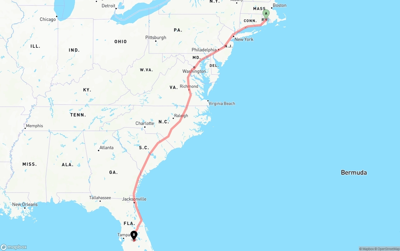 Shipping route from Rhode Island to Florida