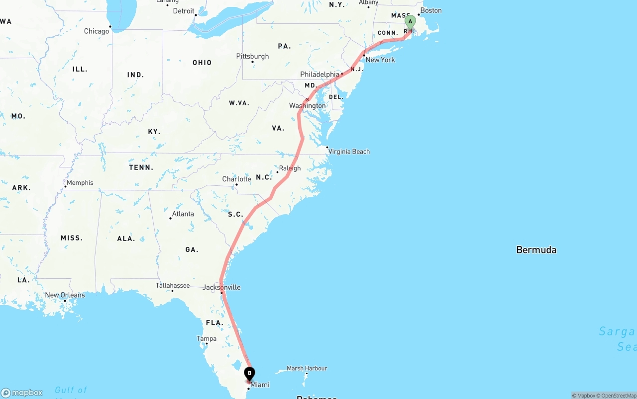 Shipping route from Rhode Island to Fort Lauderdale-Hollywood International Airport