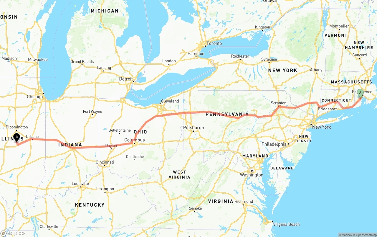 Shipping route from Rhode Island to Illinois