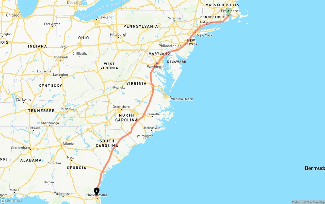 Shipping route from Rhode Island to Jacksonville International Airport