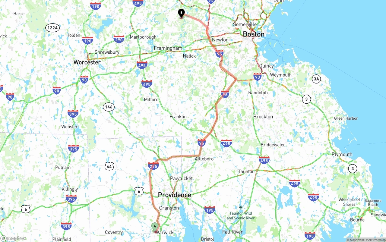 Shipping route from Rhode Island to Massachusetts