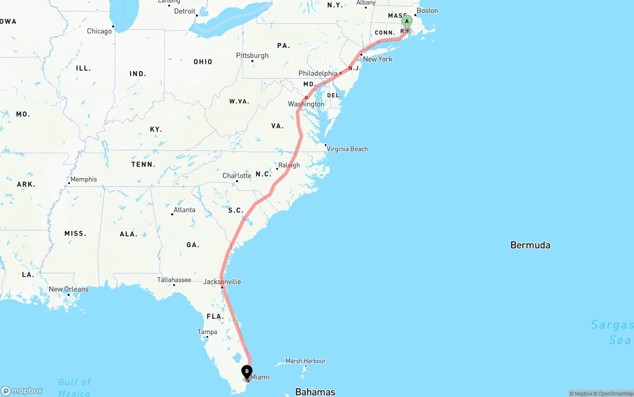 Shipping route from Rhode Island to Miami International Airport