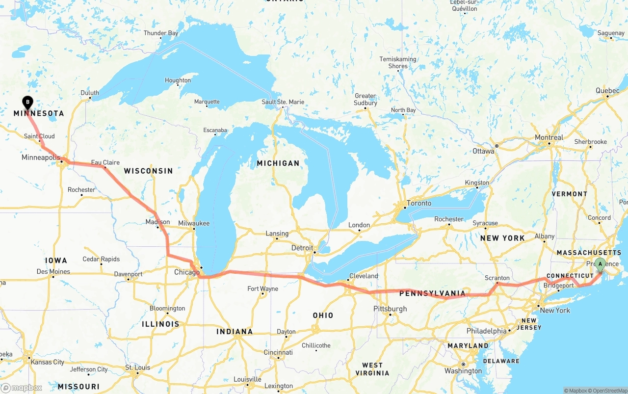 Shipping route from Rhode Island to Minnesota