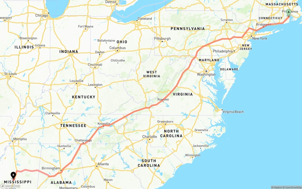 Shipping route from Rhode Island to Mississippi