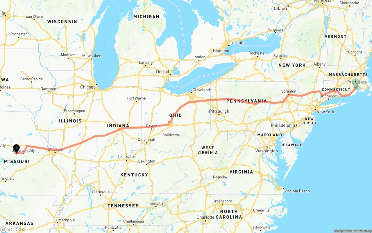 Shipping route from Rhode Island to Missouri