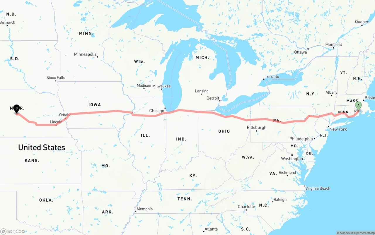 Shipping route from Rhode Island to Nebraska