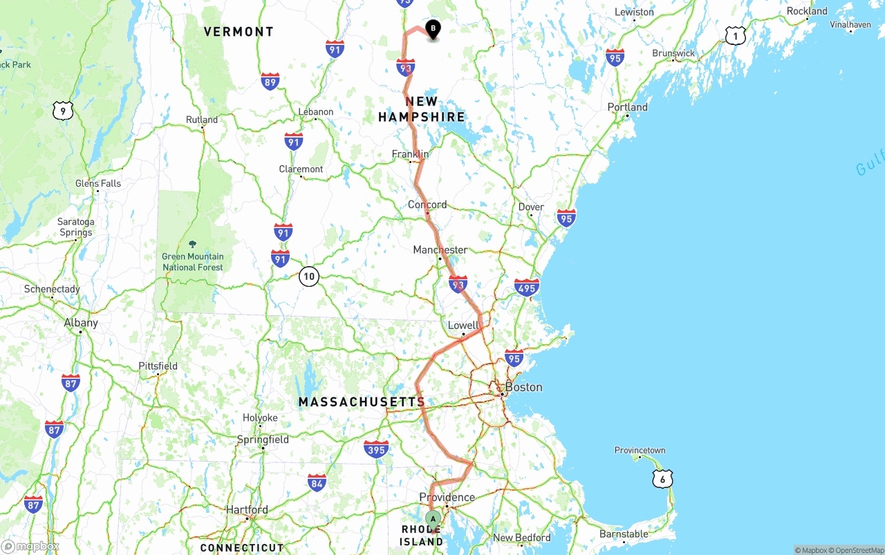 Shipping route from Rhode Island to New Hampshire