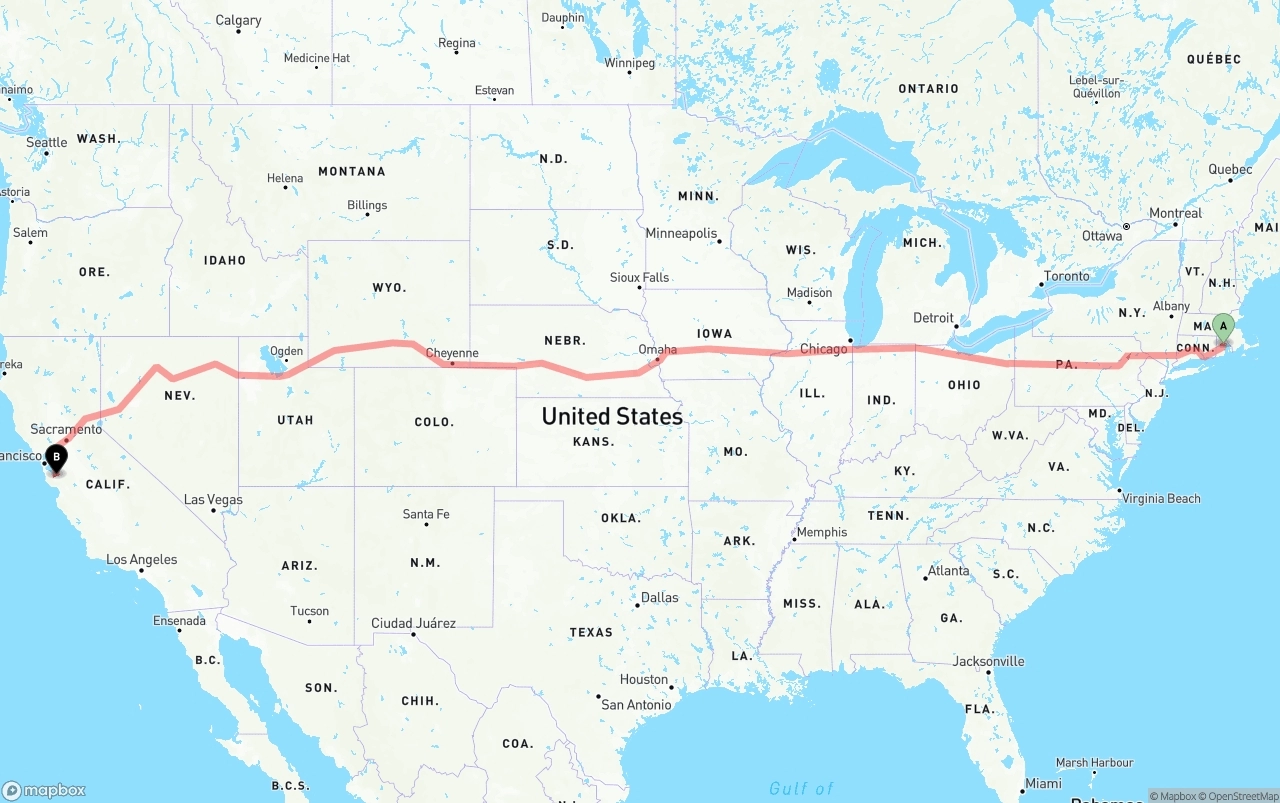Shipping route from Rhode Island to Norman Y. Mineta San Jose International Airport