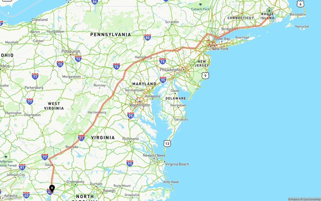 Shipping route from Rhode Island to North Carolina