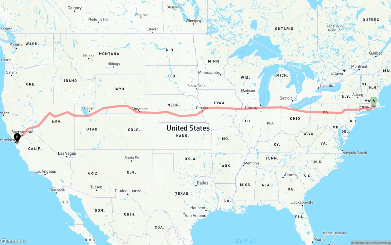 Shipping route from Rhode Island to Oakland International Airport
