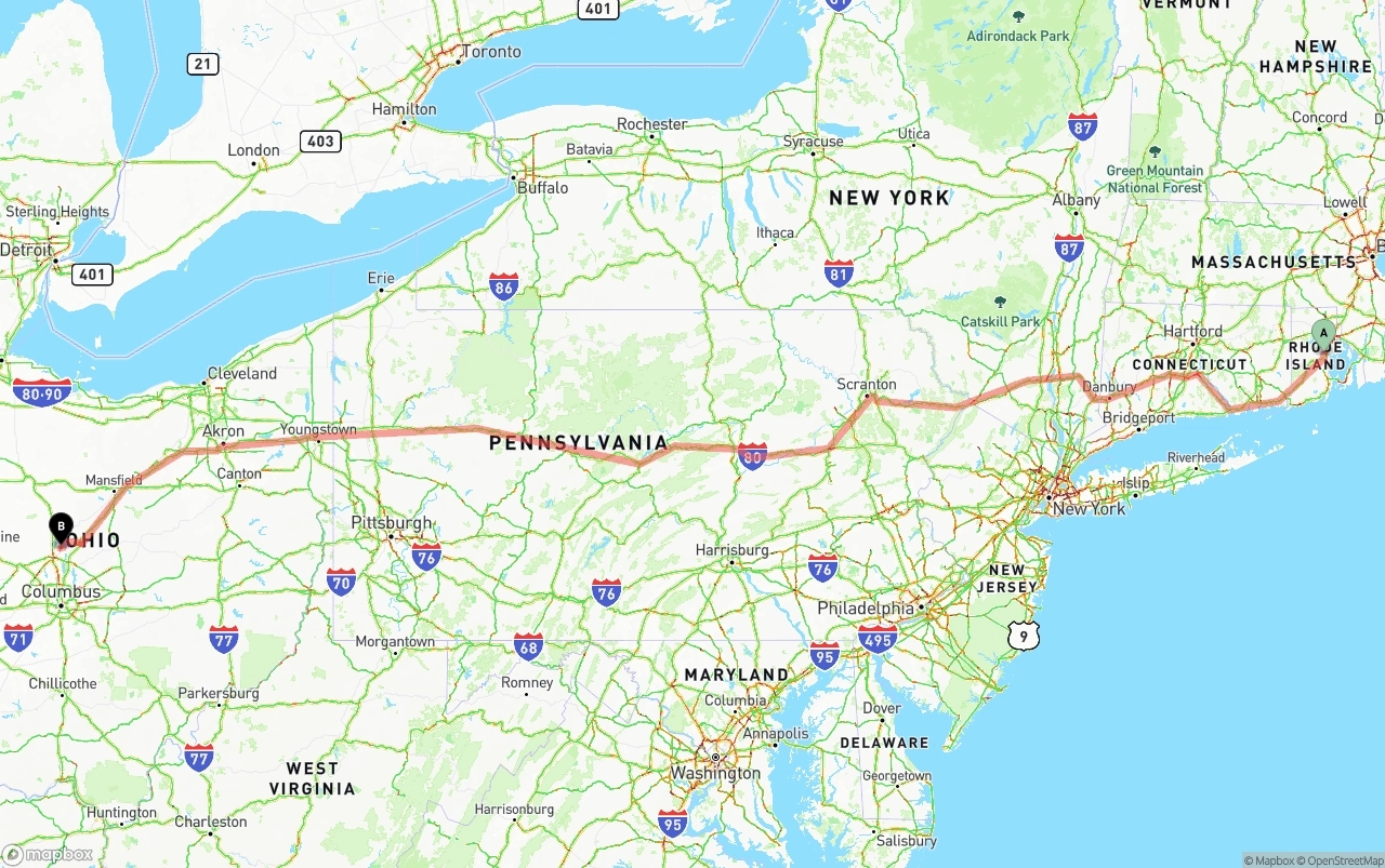 Shipping route from Rhode Island to Ohio