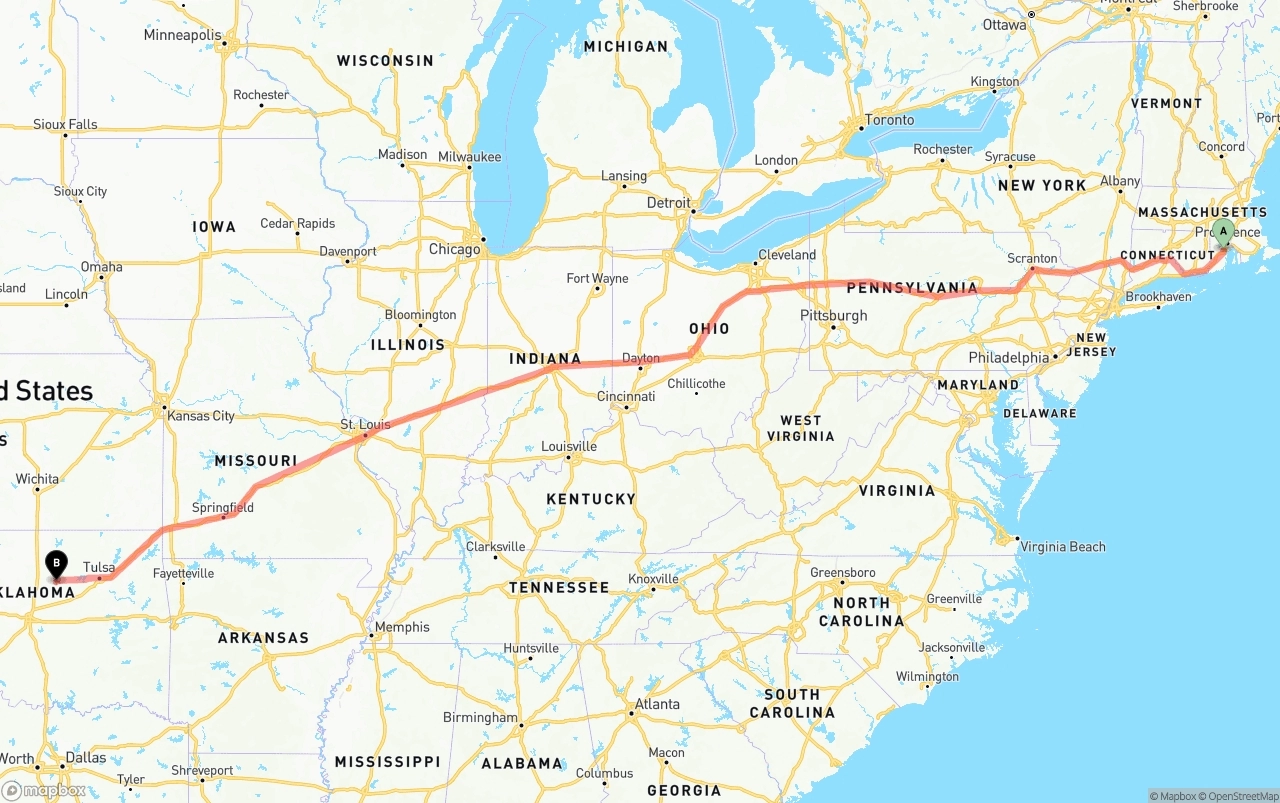 Shipping route from Rhode Island to Oklahoma