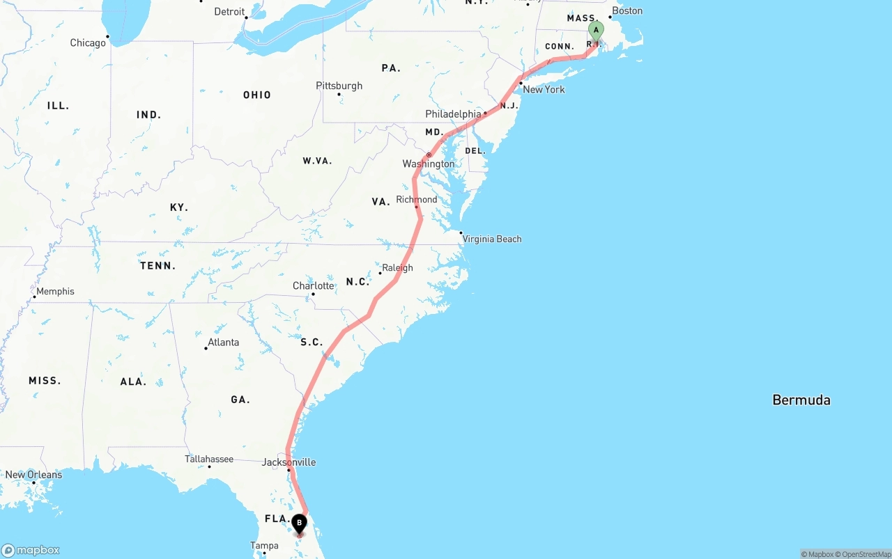 Shipping route from Rhode Island to Orlando International Airport