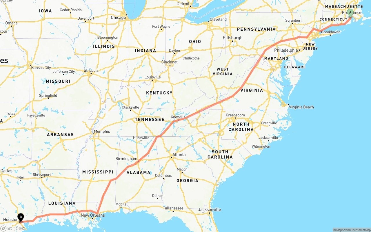 Shipping route from Rhode Island to Port of Houston