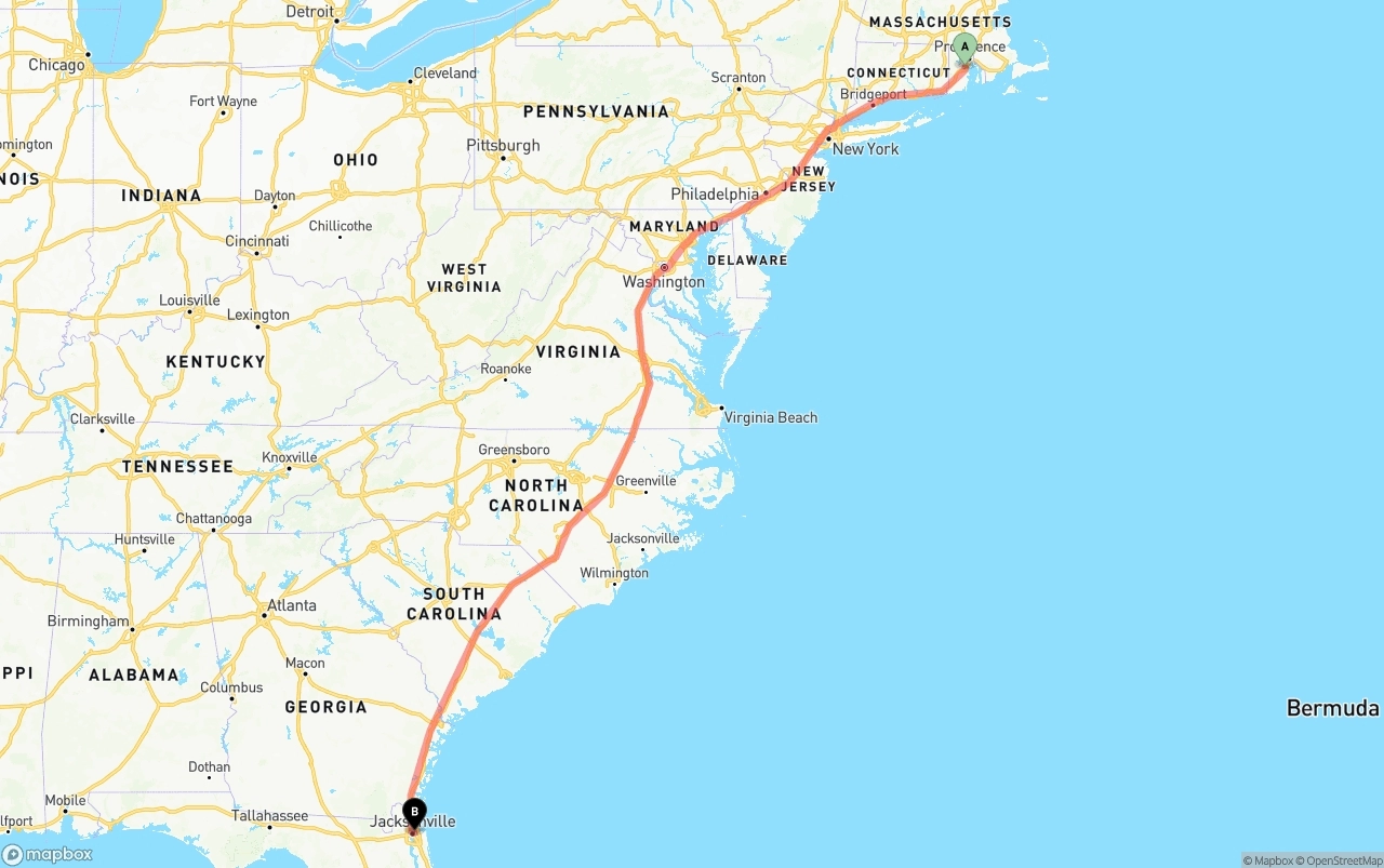 Shipping route from Rhode Island to Port of Jacksonville