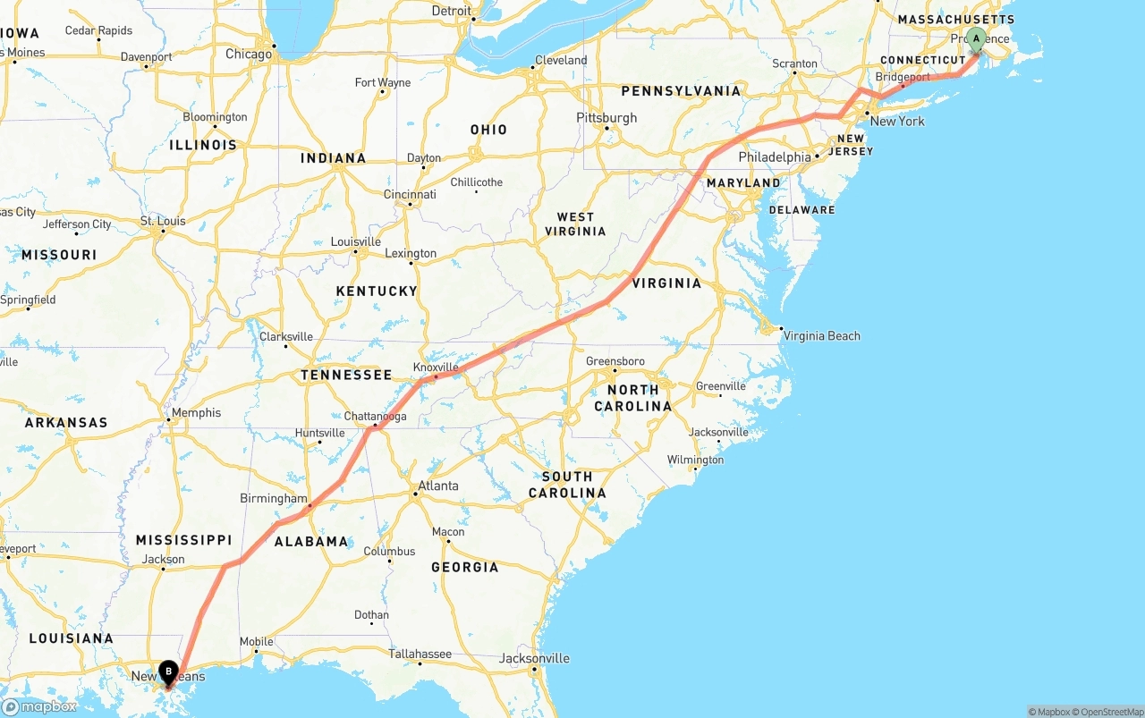 Shipping route from Rhode Island to Port of New Orleans