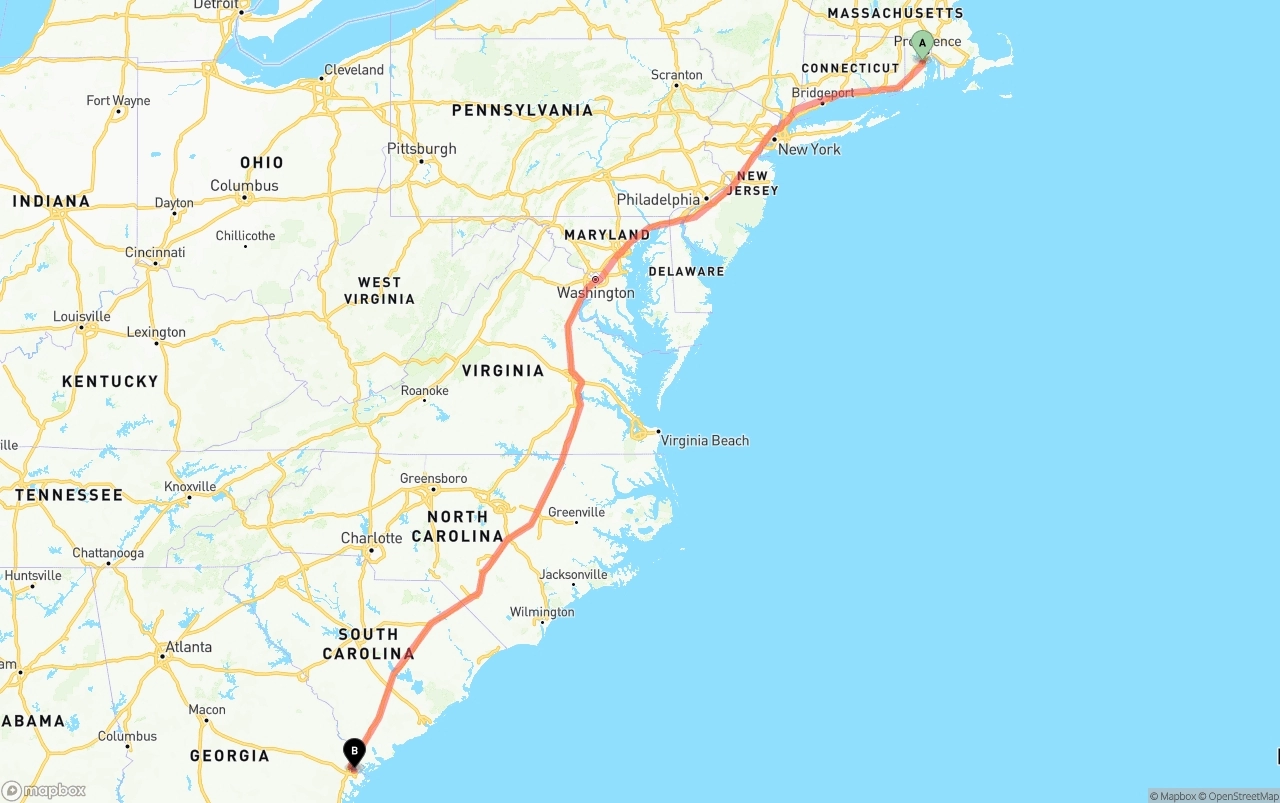 Shipping route from Rhode Island to Port of Savannah