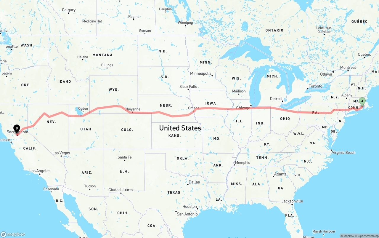 Shipping route from Rhode Island to Sacramento International Airport