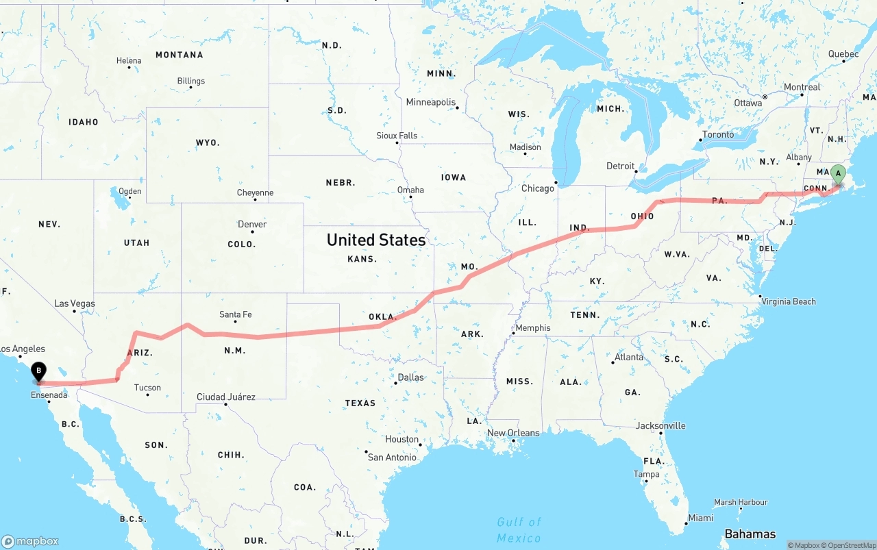 Shipping route from Rhode Island to San Diego International Airport
