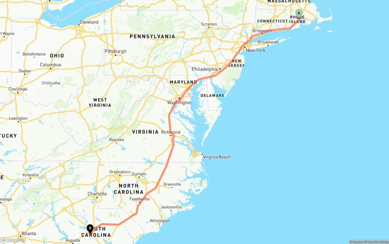 Shipping route from Rhode Island to South Carolina