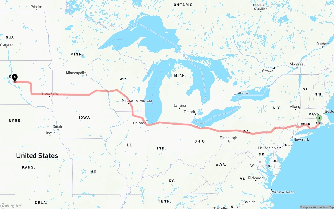 Shipping route from Rhode Island to South Dakota