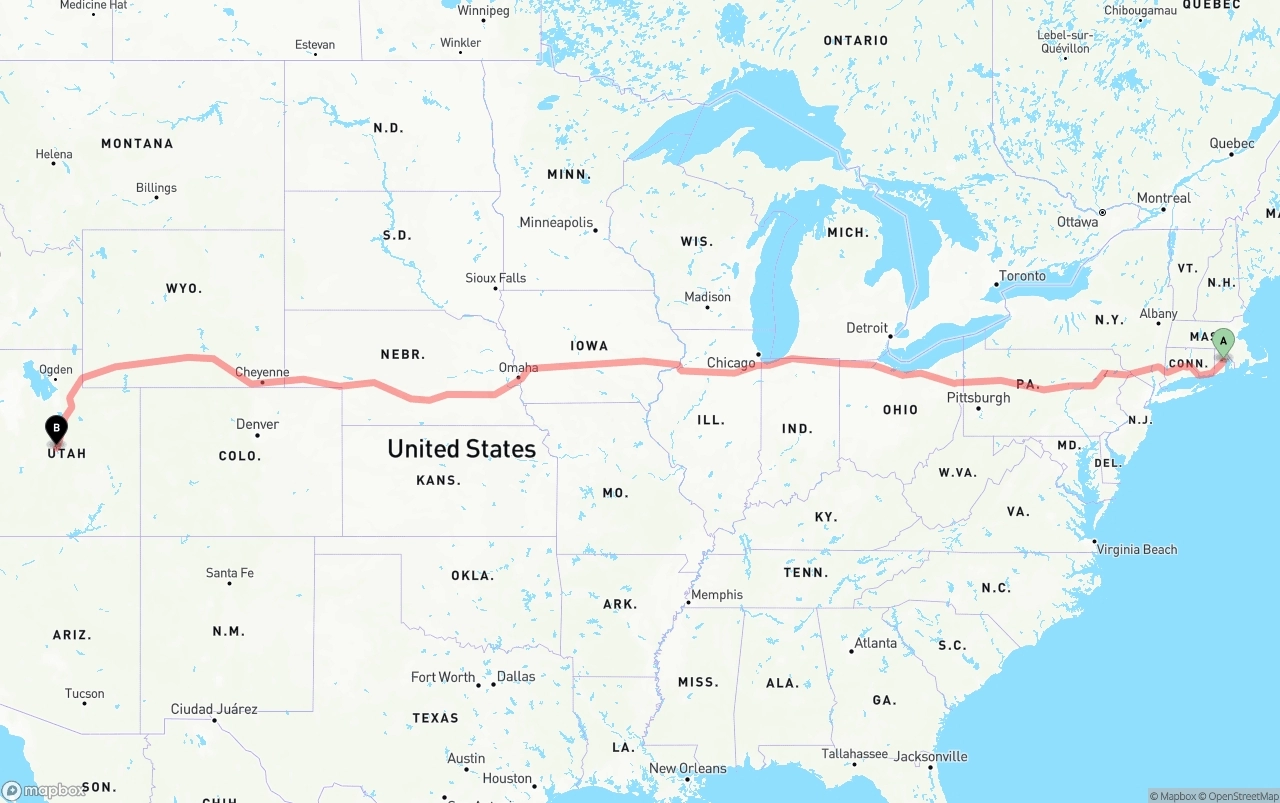 Shipping route from Rhode Island to Utah