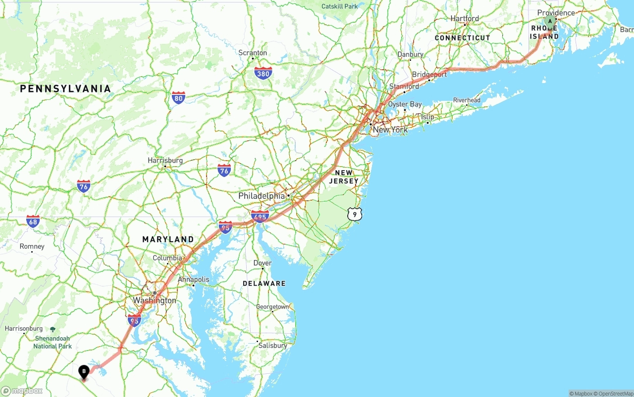 Shipping route from Rhode Island to Virginia