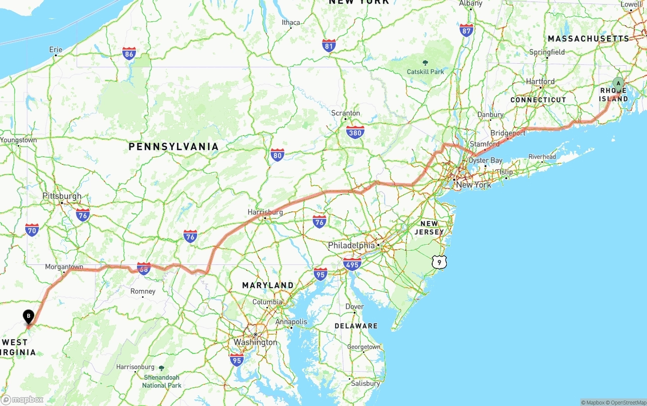 Shipping route from Rhode Island to West Virginia