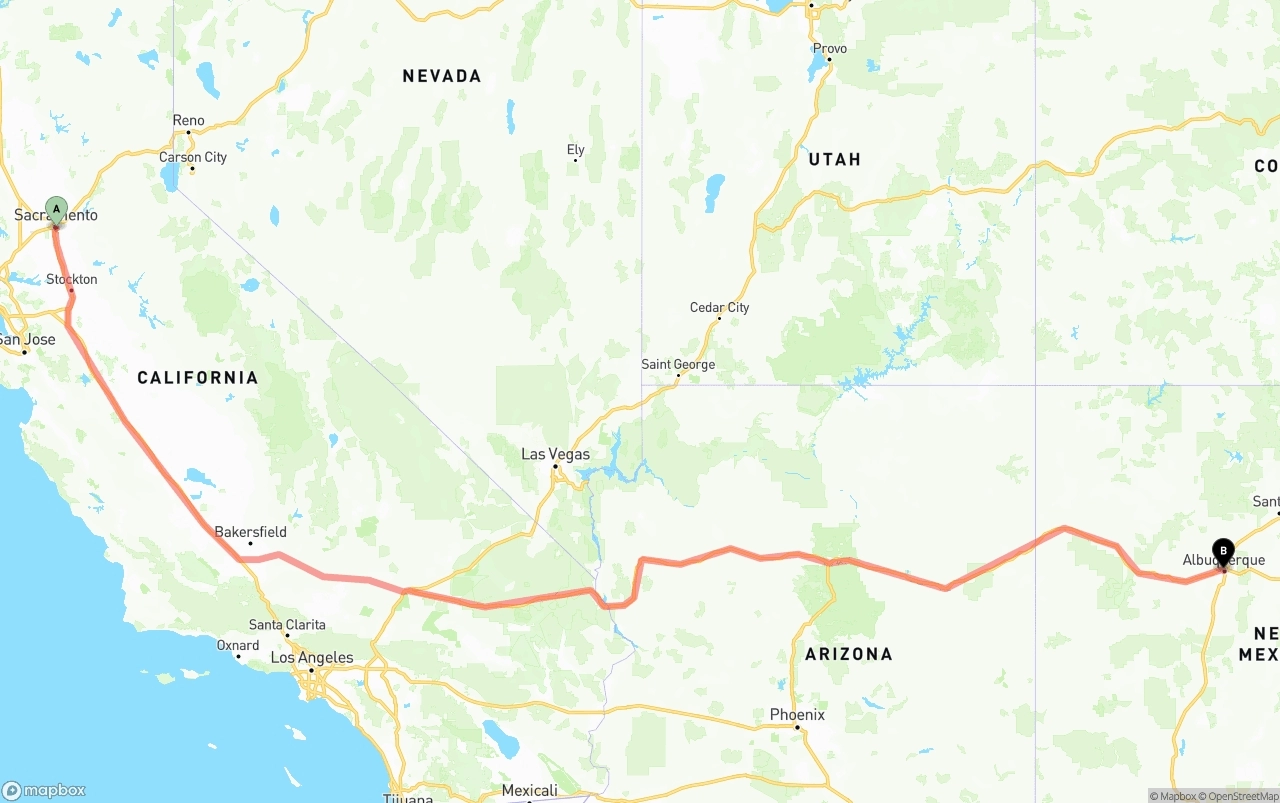 Shipping route from Sacramento to Albuquerque