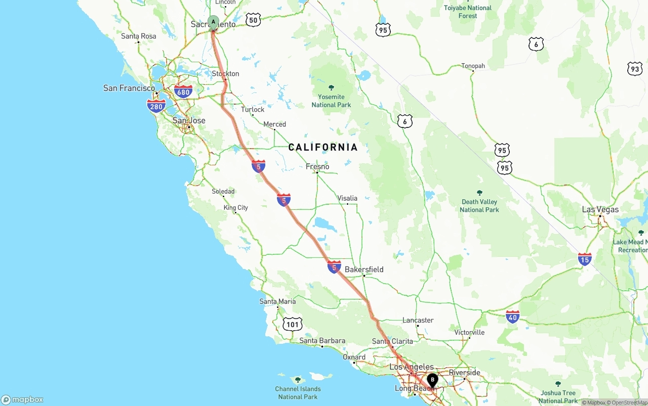 Shipping route from Sacramento to Anaheim